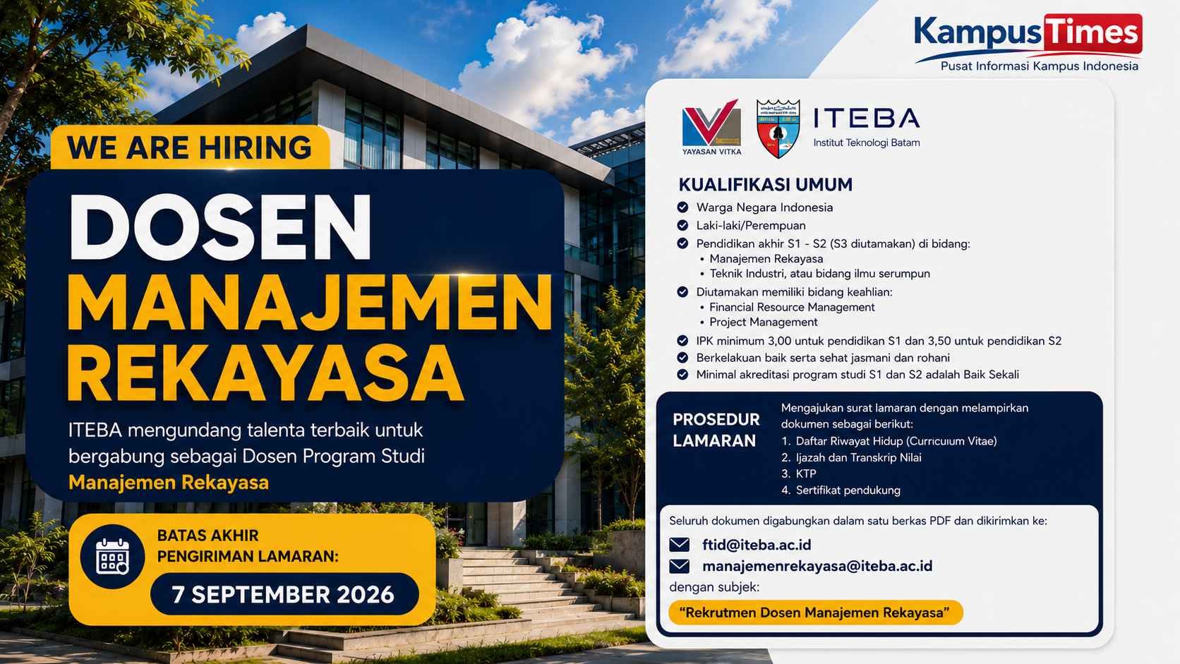 Lowongan Dosen Manajemen Rekayasa ITEBA 2026, Cek Syarat dan Cara Daftar