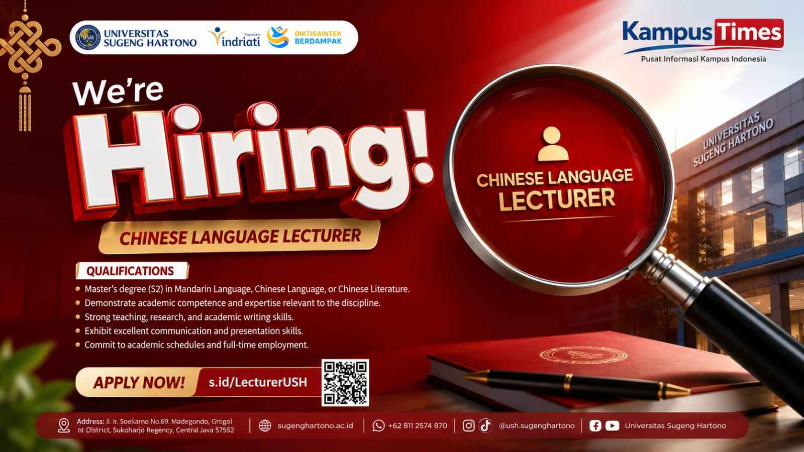Universitas Sugeng Hartono Buka Lowongan Dosen Bahasa Mandarin, Cek Syarat dan Cara Daftarnya