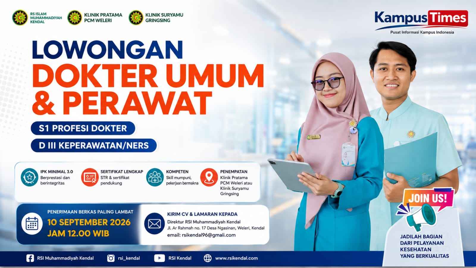 Lowongan Dokter Umum dan Perawat RSI Muhammadiyah Kendal, Cek Syarat dan Cara Daftar