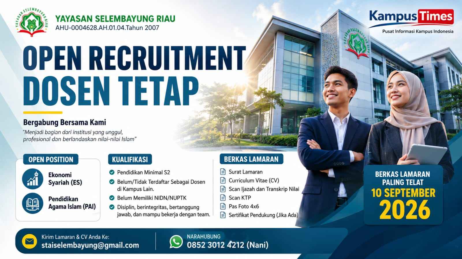 Lowongan Dosen Tetap Yayasan Selembayung Riau 2026, Buka 2 Posisi