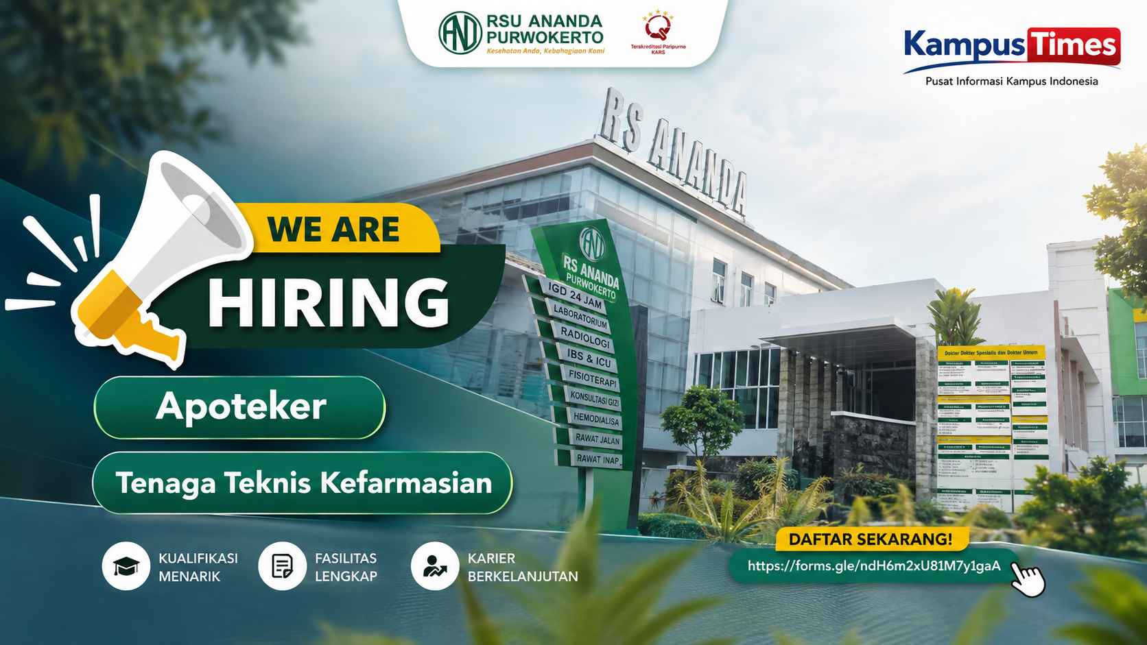 Lowongan Kerja RSU Ananda Purwokerto September 2026, Buka Posisi Apoteker dan Tenaga Teknis Kefarmasian