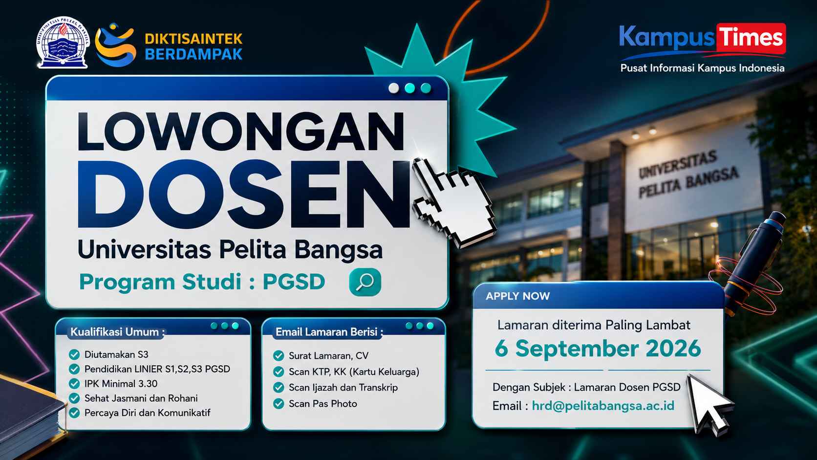 Lowongan Dosen Universitas Pelita Bangsa 2026, Buka untuk Lulusan PGSD