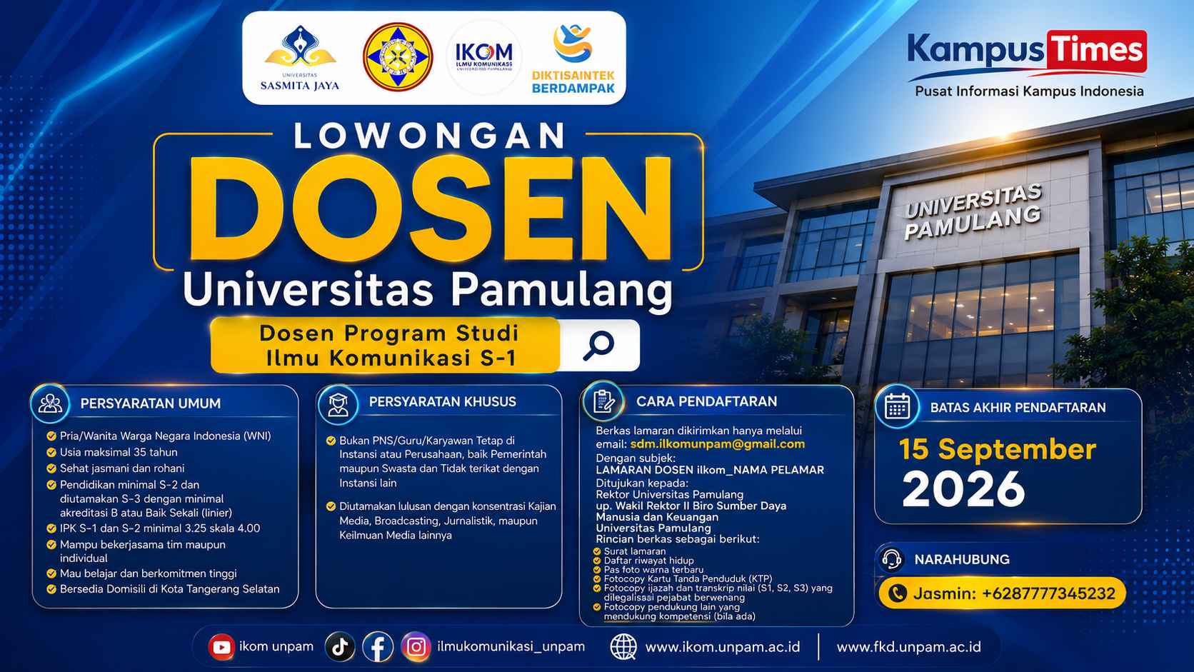 Lowongan Dosen Universitas Pamulang 2026, Cek Syarat dan Cara Daftar