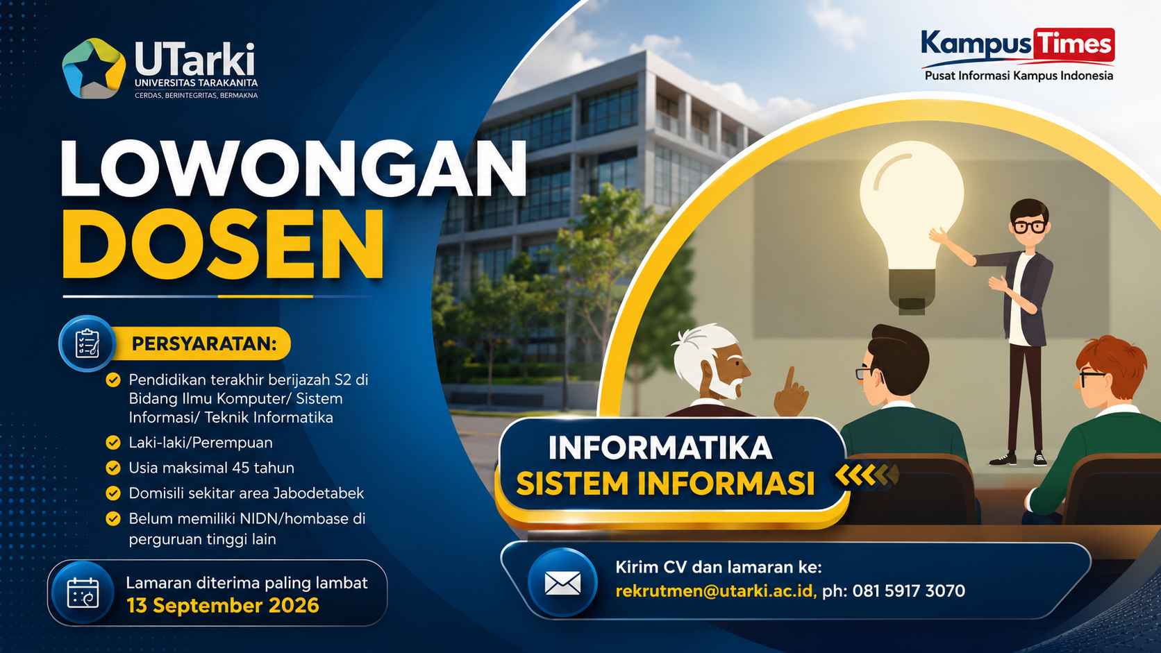 Lowongan Dosen Universitas Tarakanita 2026, Buka untuk Lulusan S2 Informatika dan Sistem Informasi