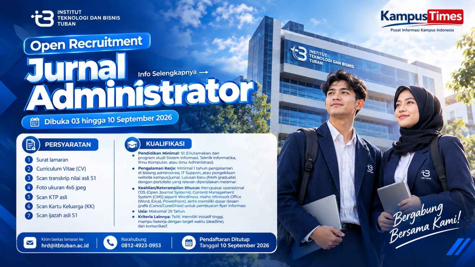 Lowongan Jurnal Administrator ITB Tuban 2026, Cek Syarat dan Cara Daftarnya