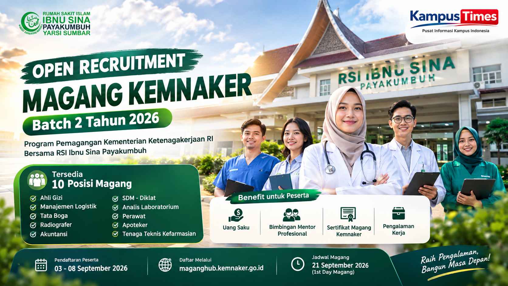 Magang Kemnaker Batch 2 2026 di RSI Ibnu Sina Payakumbuh: Cek Posisi, Syarat, Benefit, dan Jadwal Pendaftaran