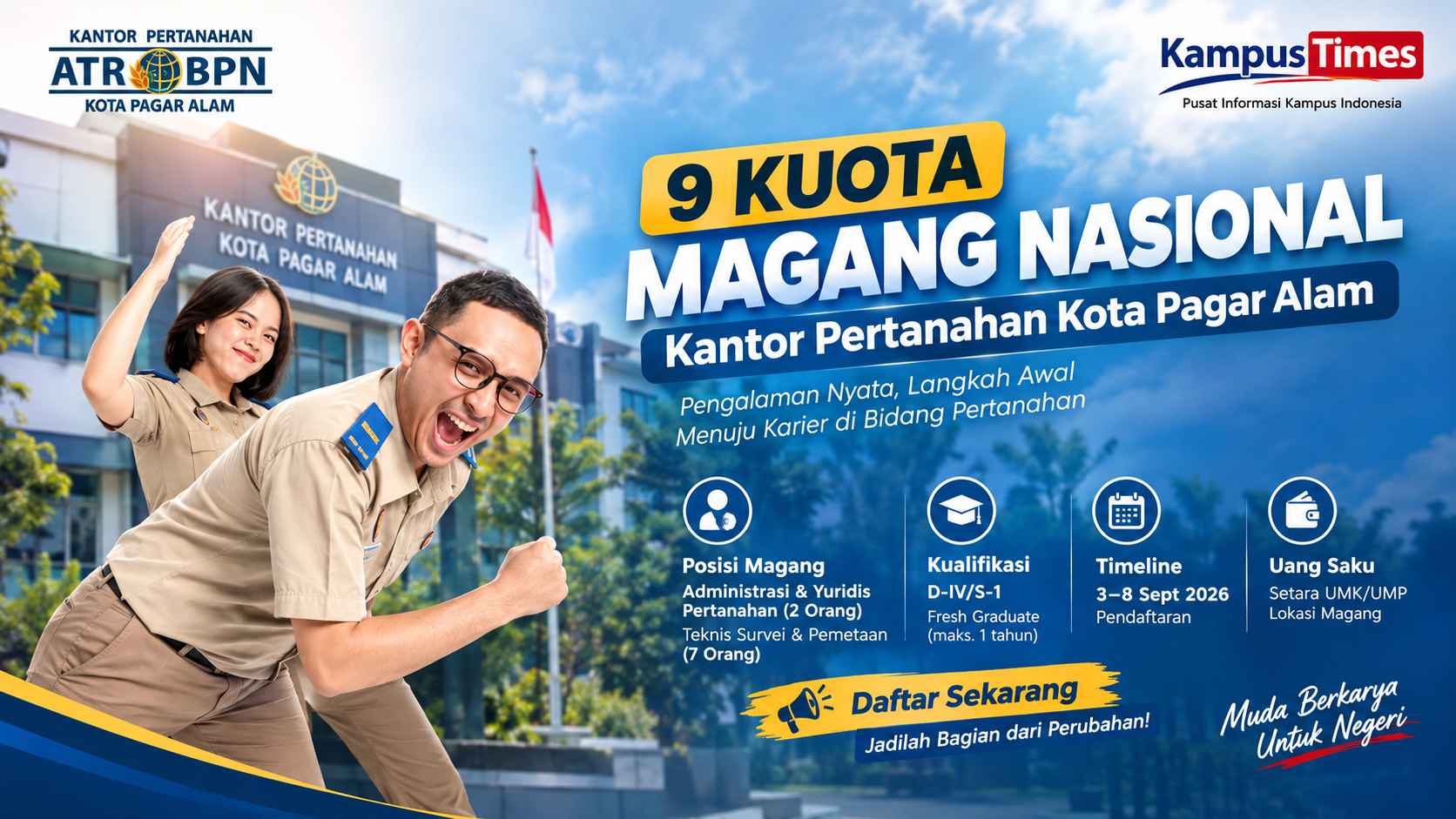 Magang Nasional Kantor Pertanahan Kota Pagar Alam Buka 9 Kuota, Cek Posisi dan Kualifikasinya