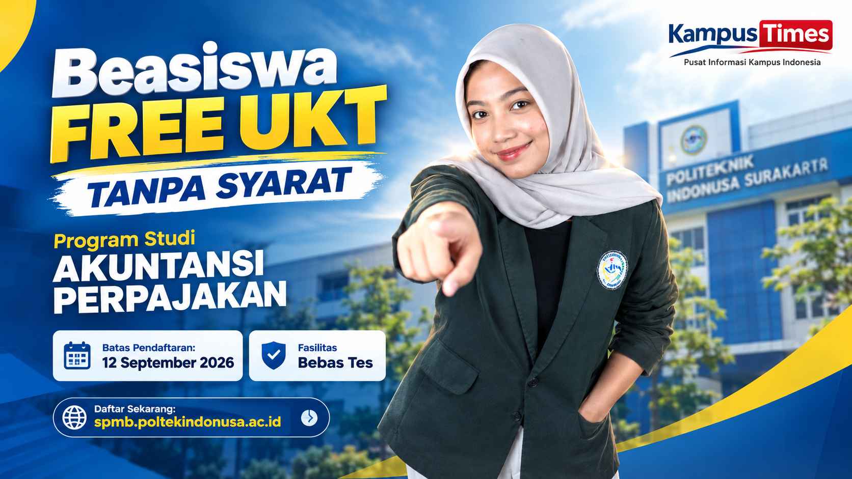 Beasiswa FREE UKT Politeknik Indonusa Surakarta 2026, Tanpa Syarat dan Fasilitas Bebas Tes