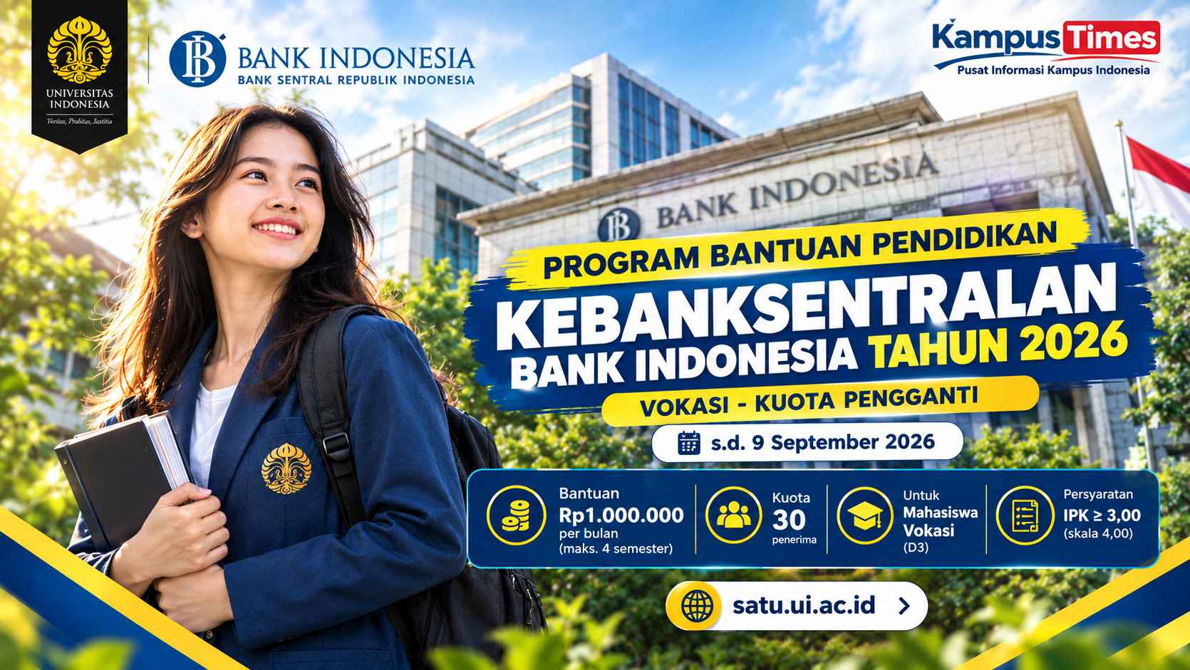 Beasiswa Bank Indonesia 2026 untuk Mahasiswa Vokasi UI: Bantuan Rp1 Juta per Bulan, Cek Syarat dan Cara Daftarnya