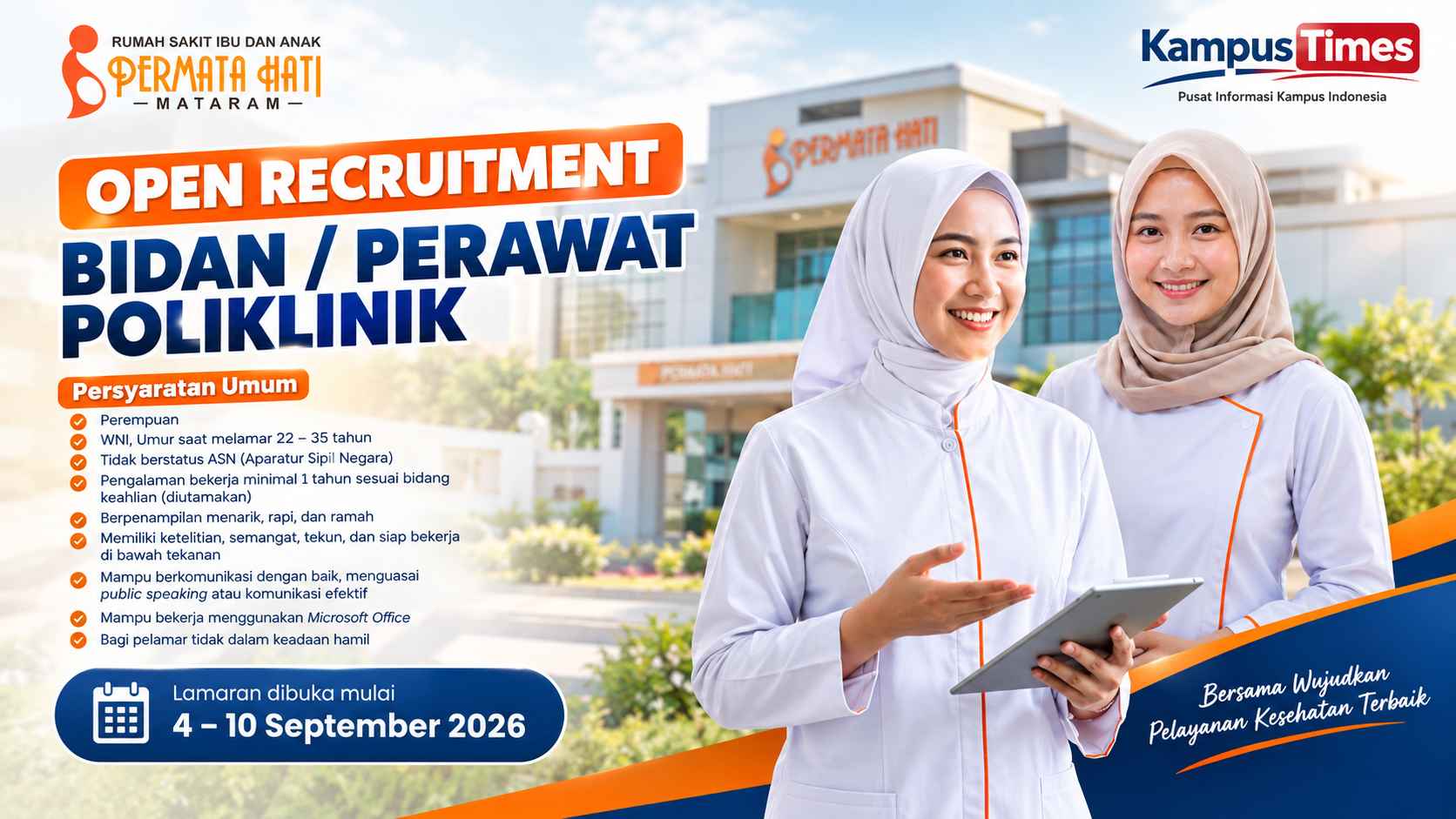 RSIA Permata Hati Mataram Buka Lowongan Bidan dan Perawat Poliklinik, Cek Syaratnya