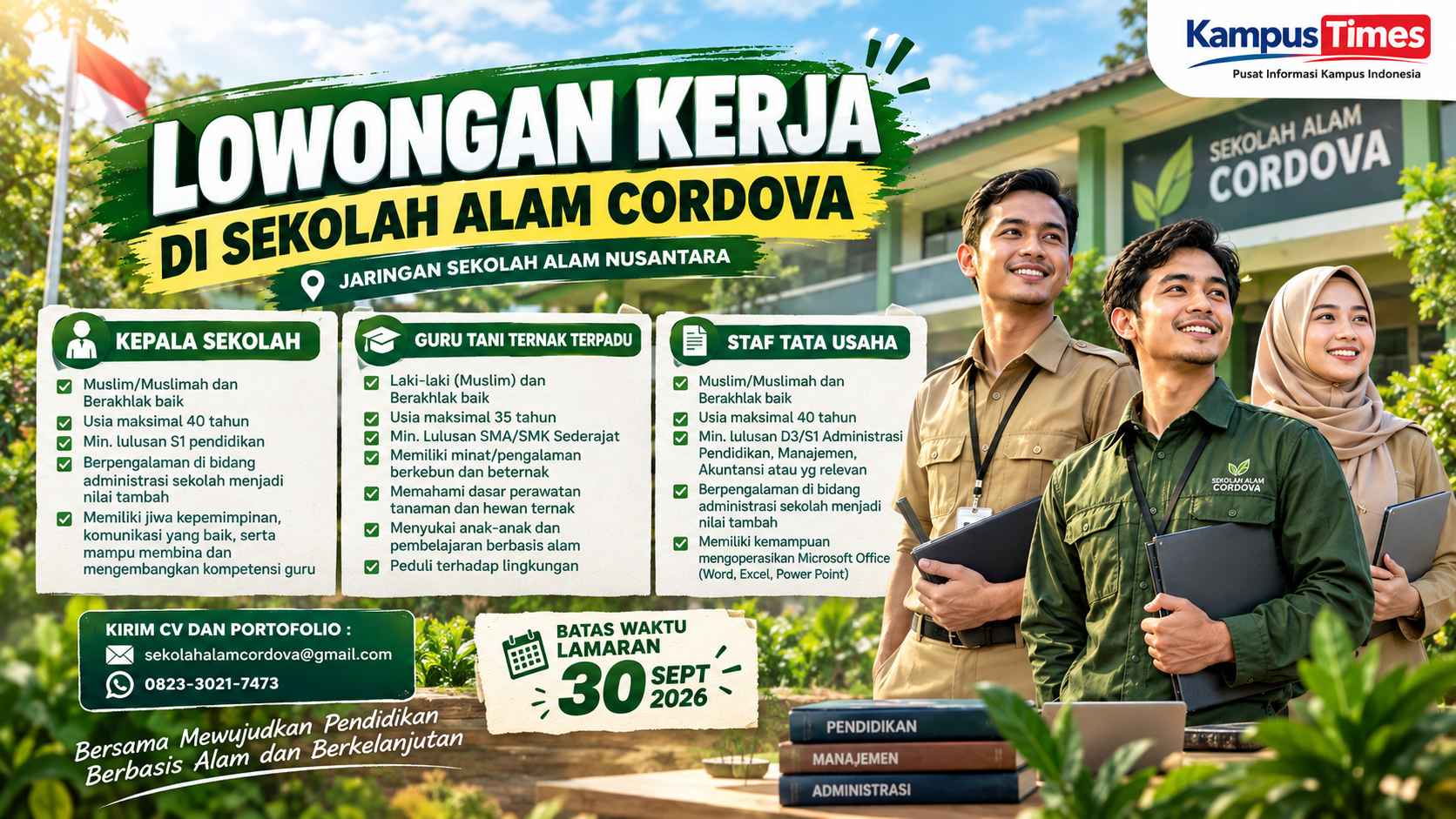 Lowongan Kerja Sekolah Alam Cordova Probolinggo 2026, Buka 3 Posisi hingga 30 September