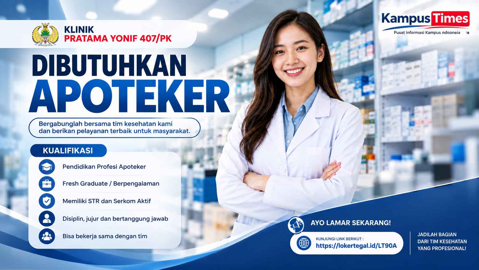 Lowongan Apoteker Klinik Pratama Yonif 407/PK, Fresh Graduate Bisa Melamar
