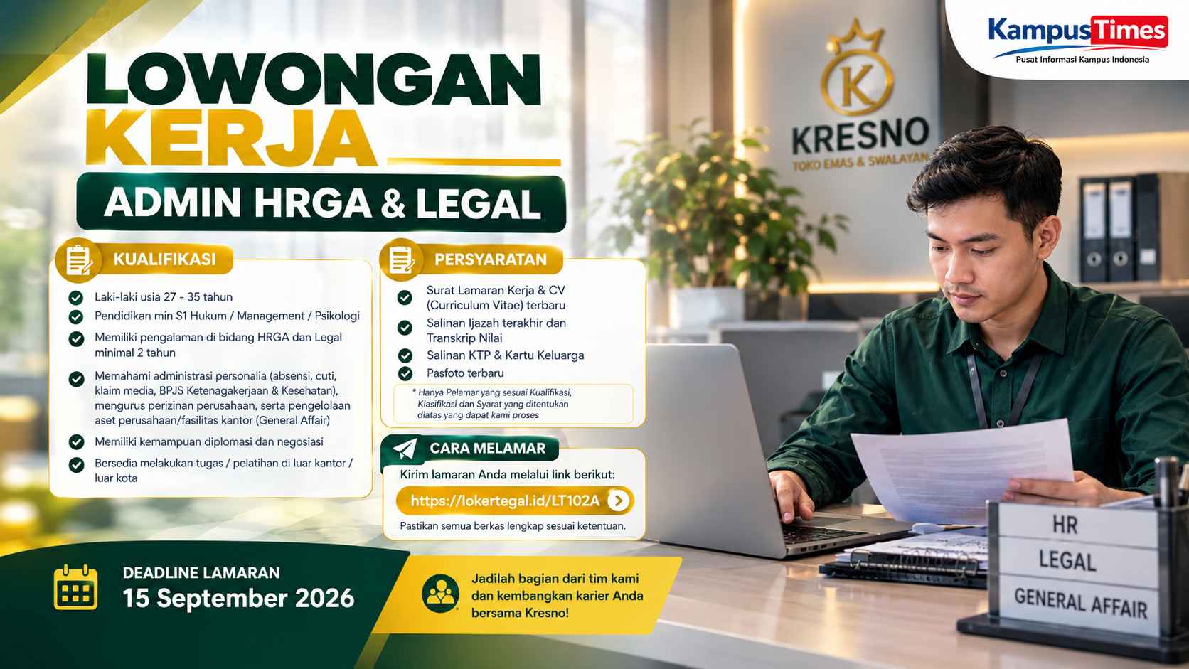 Lowongan Kerja Kresno Toko Emas & Swalayan, Buka Posisi Admin HRGA & Legal