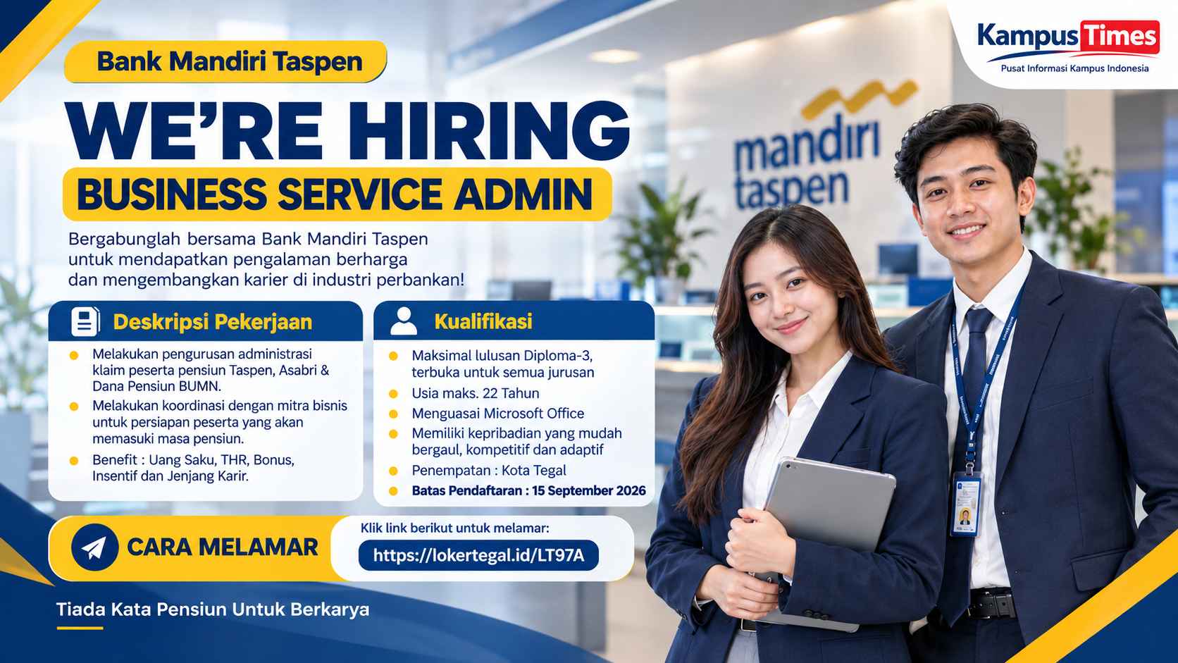 Lowongan Magang Bank Mandiri Taspen September 2026, Buka Posisi Business Service Admin di Tegal