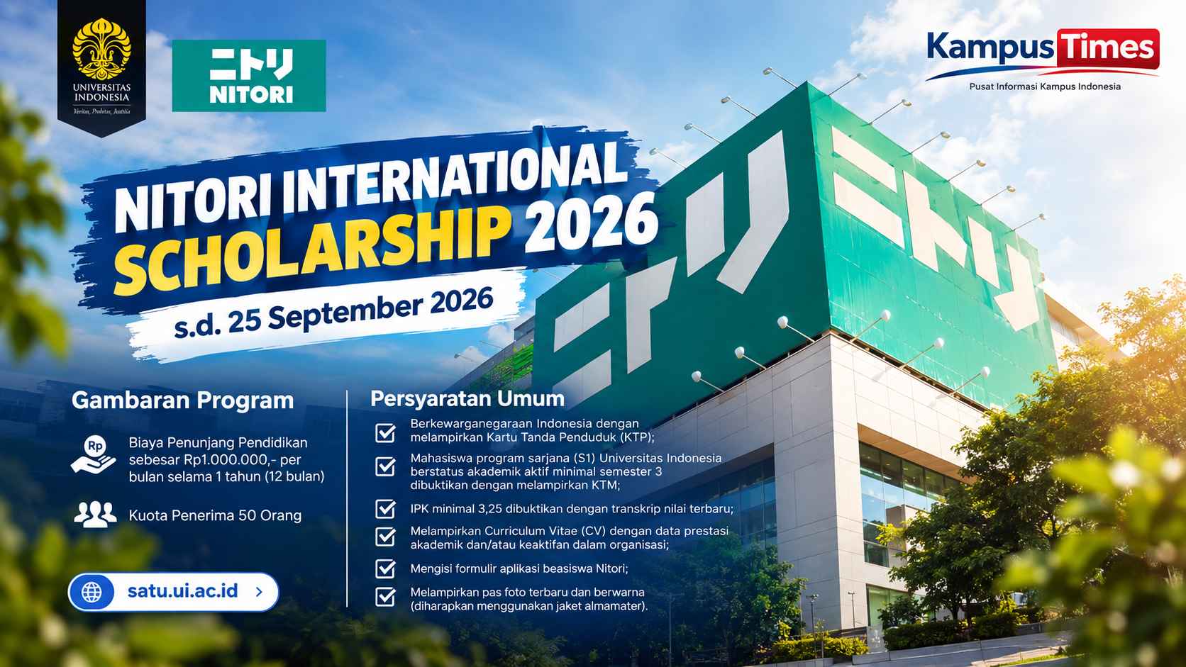 Beasiswa Nitori International 2026 untuk Mahasiswa UI, Dapat Rp1 Juta per Bulan