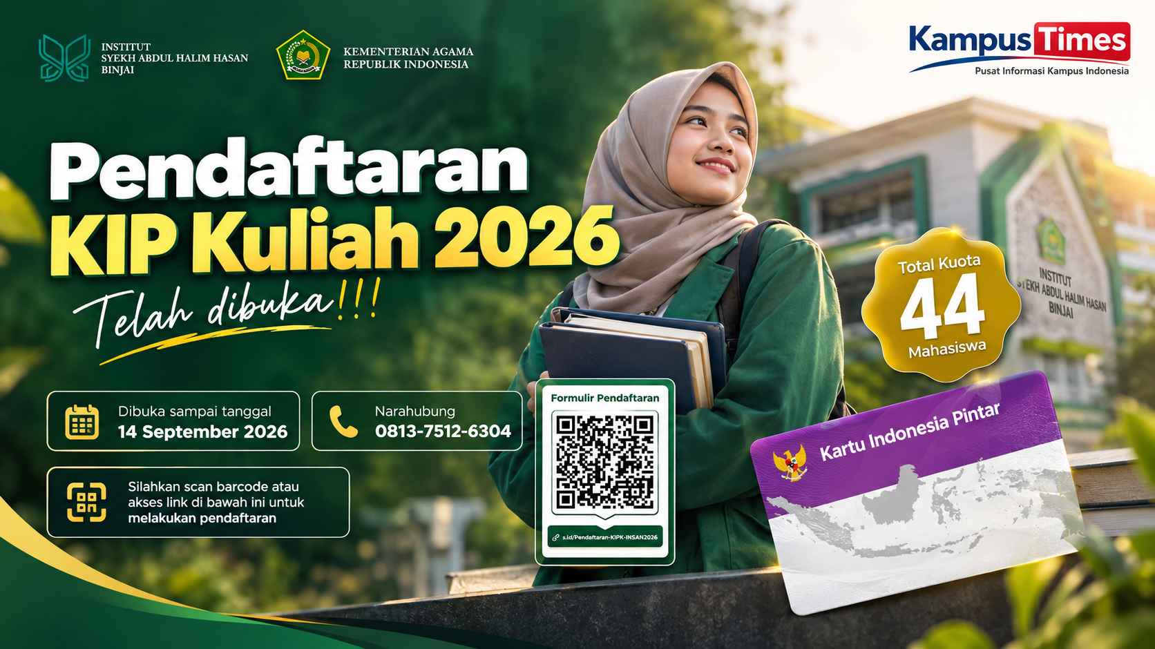 Pendaftaran KIP Kuliah 2026 Institut Syekh Abdul Halim Hasan Binjai Dibuka, Kuota 44 Mahasiswa