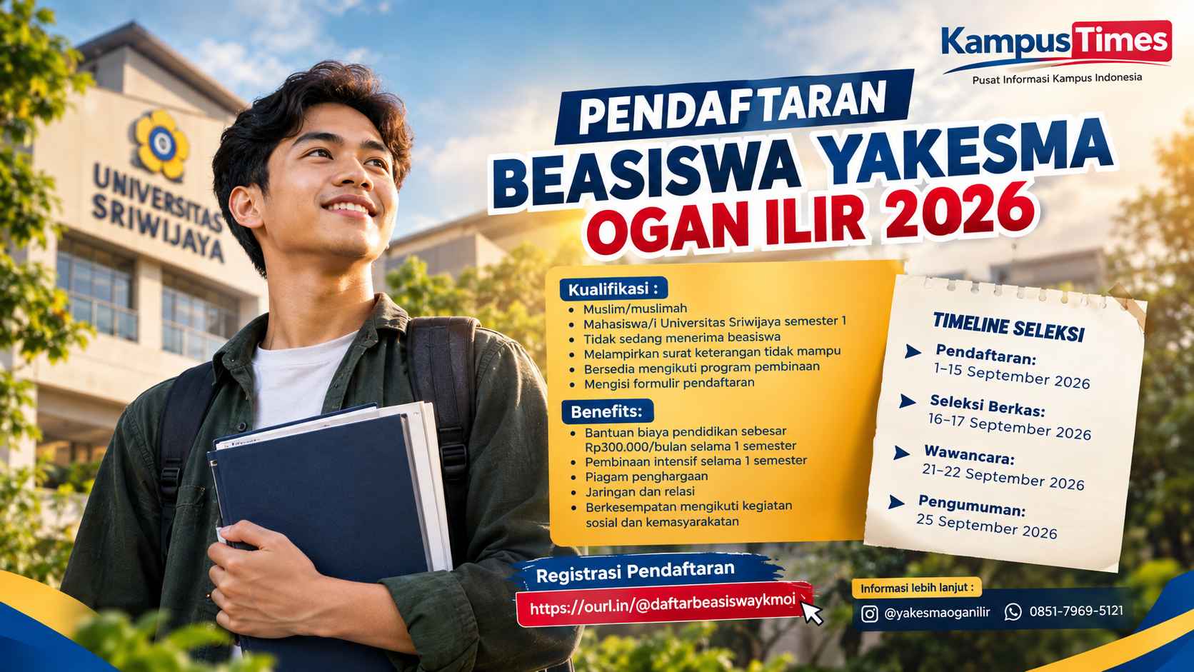 Beasiswa Yakesma Ogan Ilir 2026 Dibuka, Mahasiswa Unsri Bisa Dapat Bantuan Pendidikan