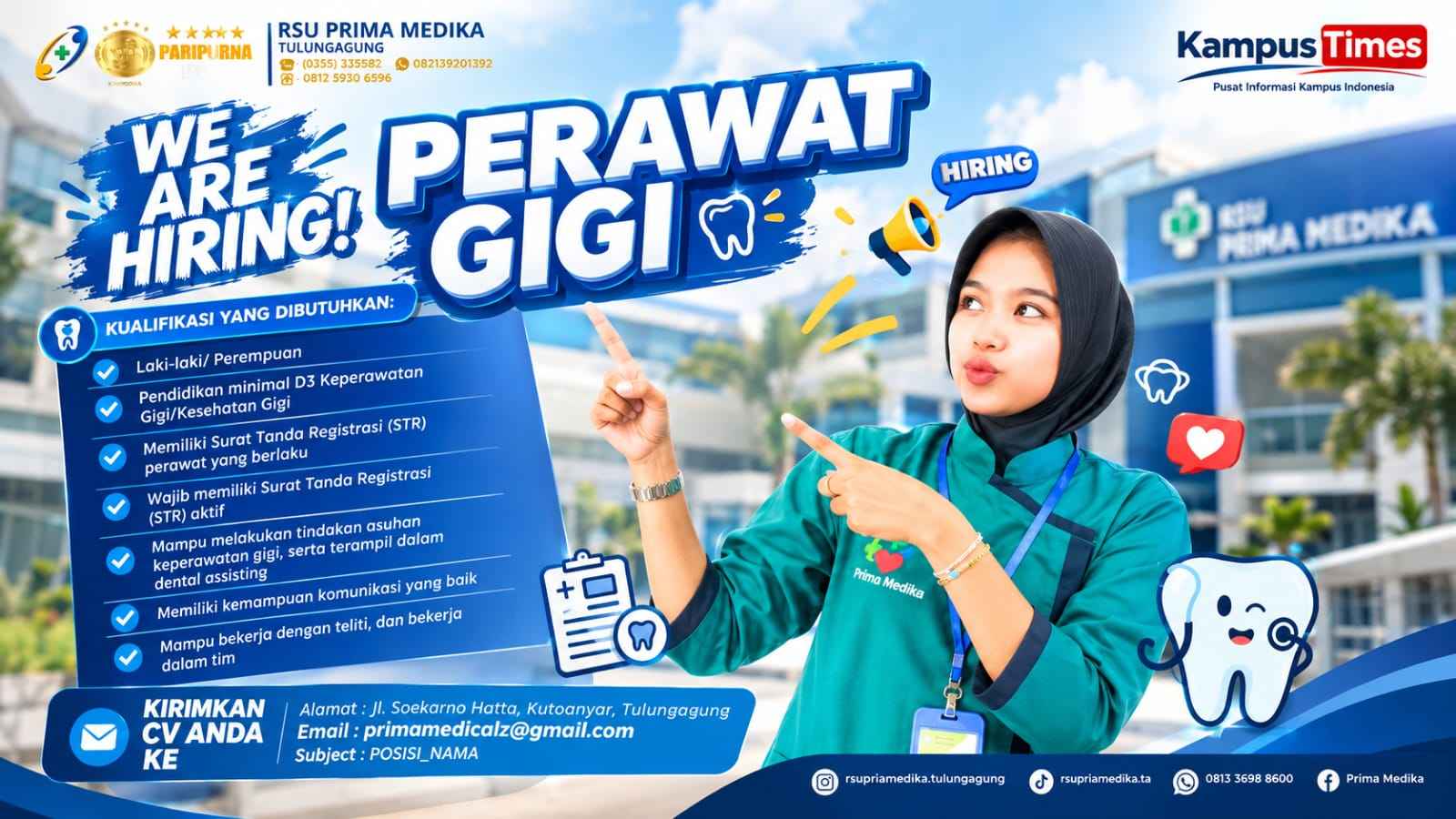 Lowongan Perawat Gigi RSU Prima Medika Tulungagung, Cek Syarat dan Cara Daftarnya