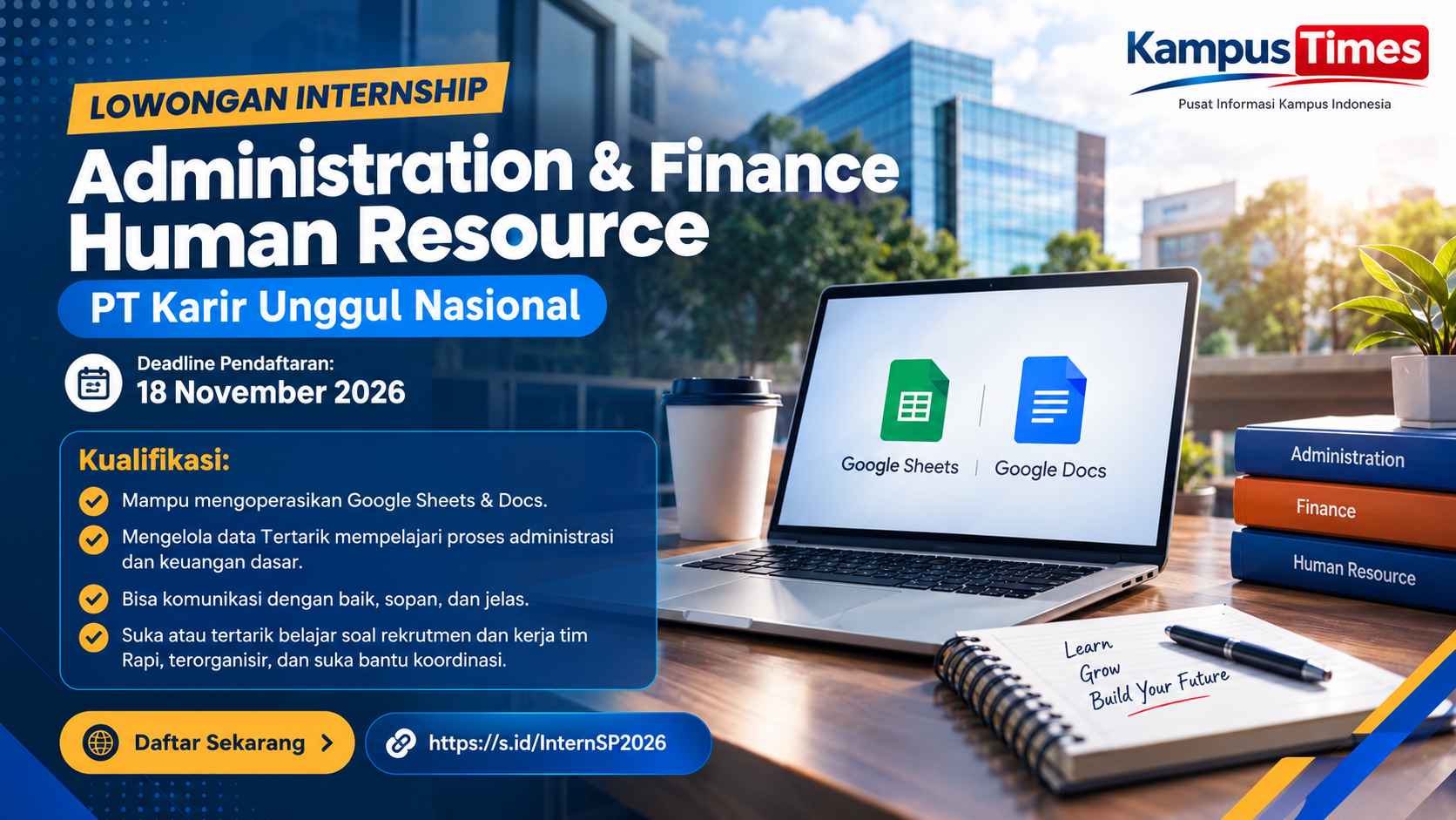 Lowongan Internship Administration & Finance Human Resource PT Karir Unggul Nasional, Deadline 18 November 2026