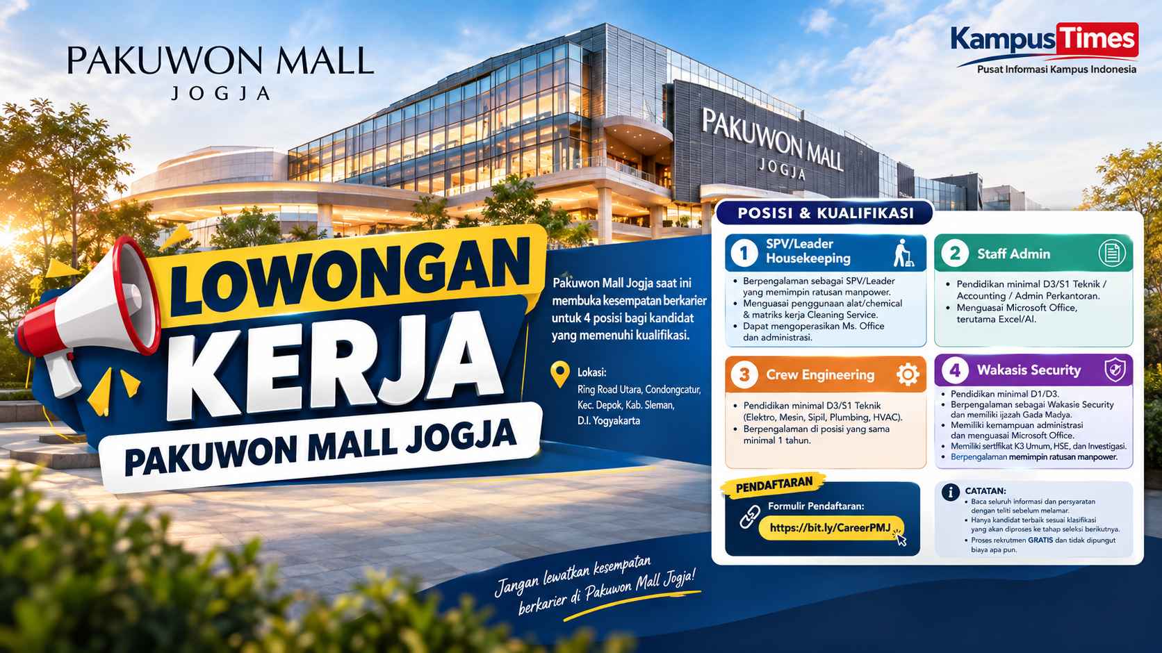 Lowongan Kerja Pakuwon Mall Jogja 2026, Buka 4 Posisi untuk Berbagai Latar Pendidikan