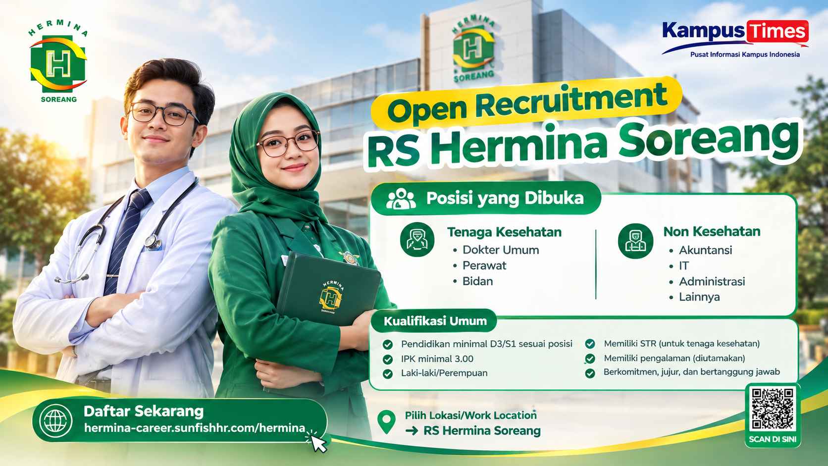 Lowongan Kerja RS Hermina Soreang 2026, Buka 4 Posisi untuk Tenaga Kesehatan dan Front Office