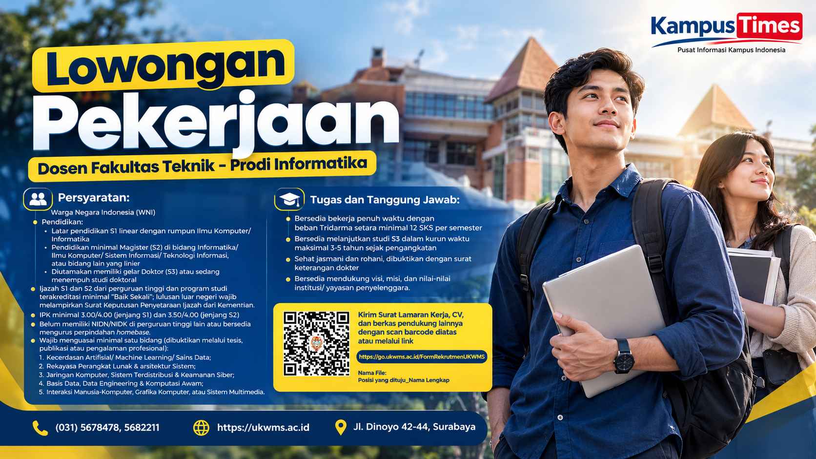 Lowongan Dosen Informatika UKWMS Surabaya, Cek Syarat dan Cara Daftar