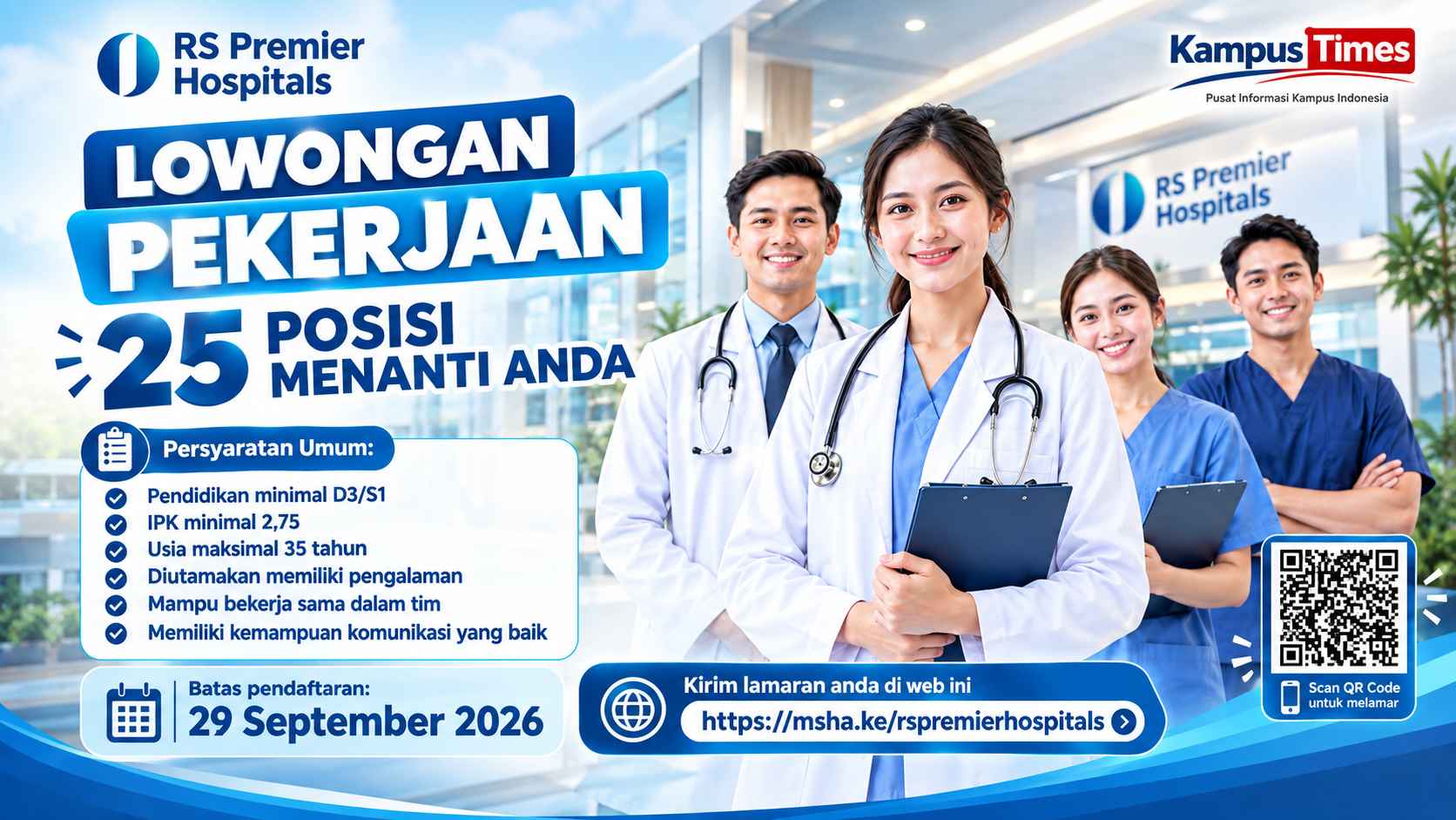 Lowongan Kerja RS Premier Hospitals Buka 25 Posisi, Cek Syarat dan Cara Melamar