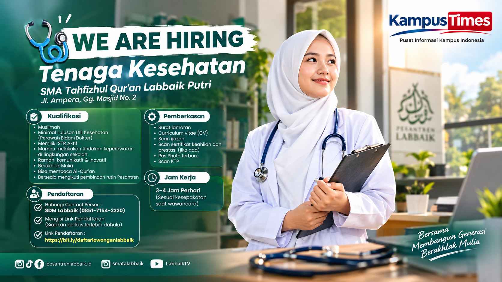 Lowongan Tenaga Kesehatan SMA Tahfizhul Qur’an Labbaik Pontianak, Cek Syarat dan Cara Daftar