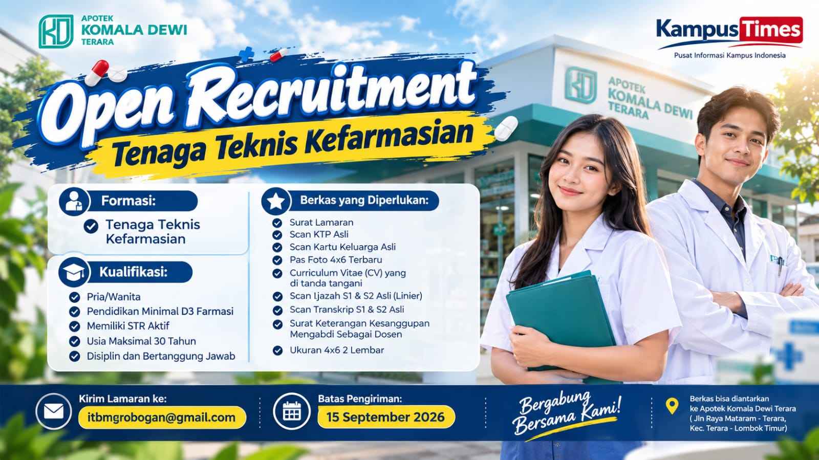 Lowongan Tenaga Teknis Kefarmasian Apotek Komala Dewi Terara, Cek Syarat dan Berkasnya