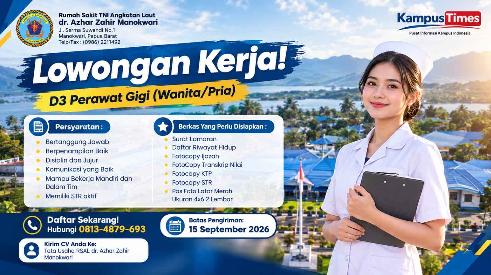 Lowongan D3 Perawat Gigi RSAL dr. Azhar Zahir Manokwari, Cek Syarat dan Cara Daftar