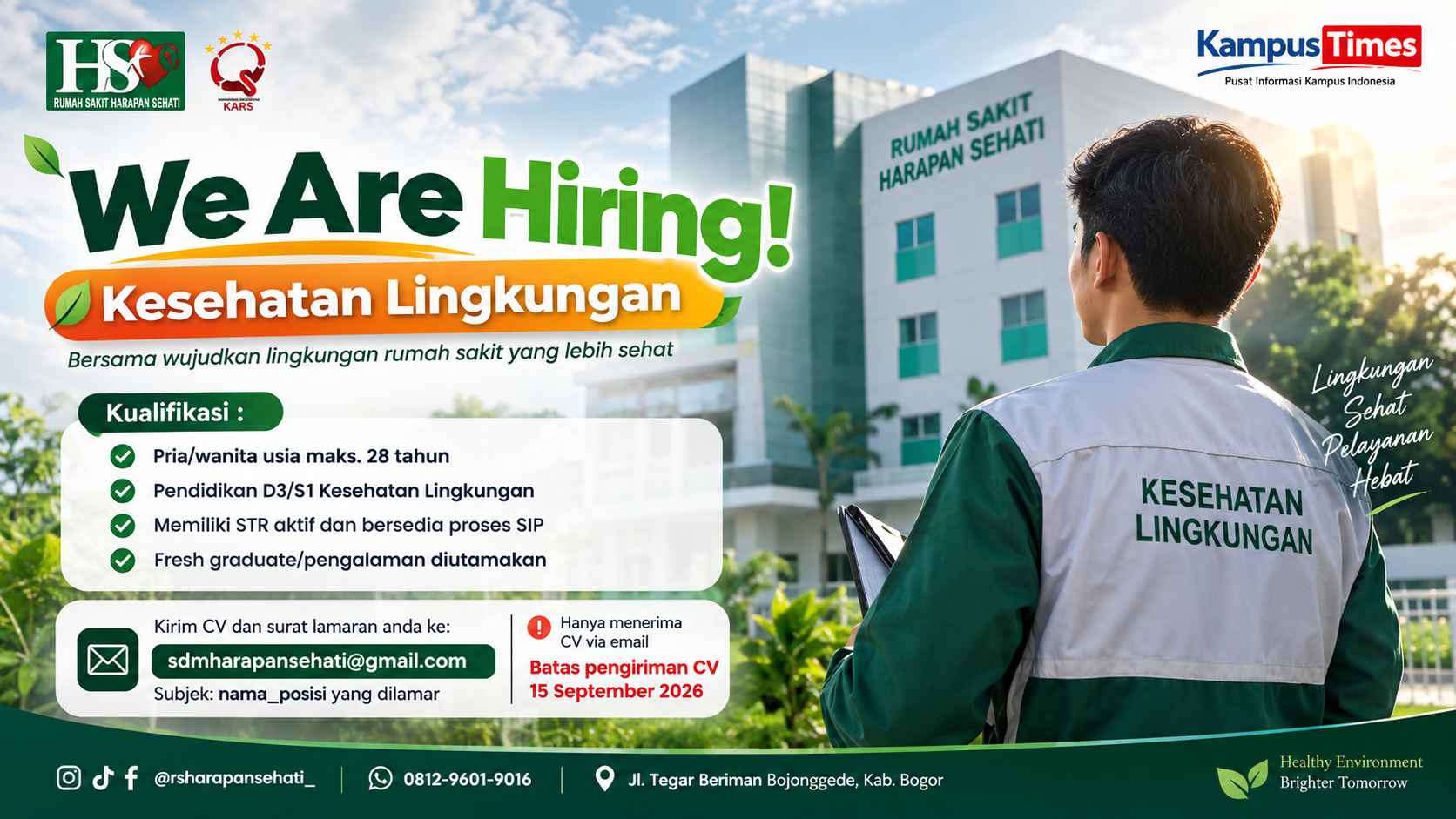 Lowongan Kerja Kesehatan Lingkungan RS Harapan Sehati Bogor, Cek Syarat dan Cara Daftar