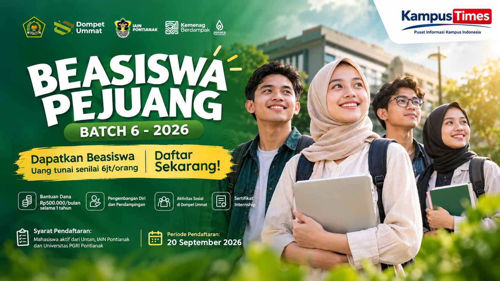 Beasiswa Pejuang Batch 6 2026: Dana Tunai Rp6 Juta untuk Mahasiswa, Cek Syarat dan Cara Daftarnya
