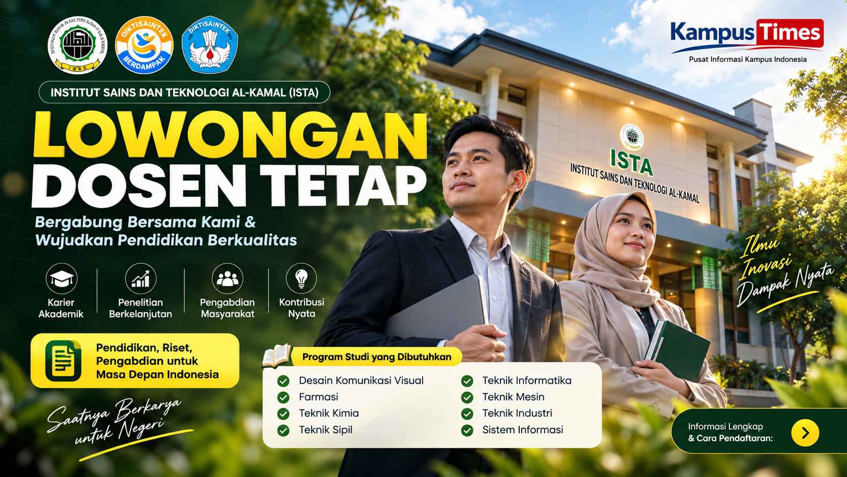 Lowongan Dosen Tetap ISTA 2026, Buka 8 Program Studi untuk Lulusan S2