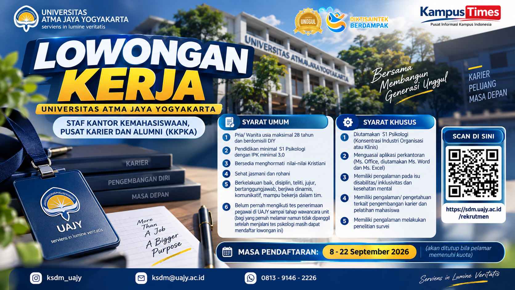 Lowongan Kerja UAJY September 2026, Dibuka untuk Lulusan S1 Psikologi
