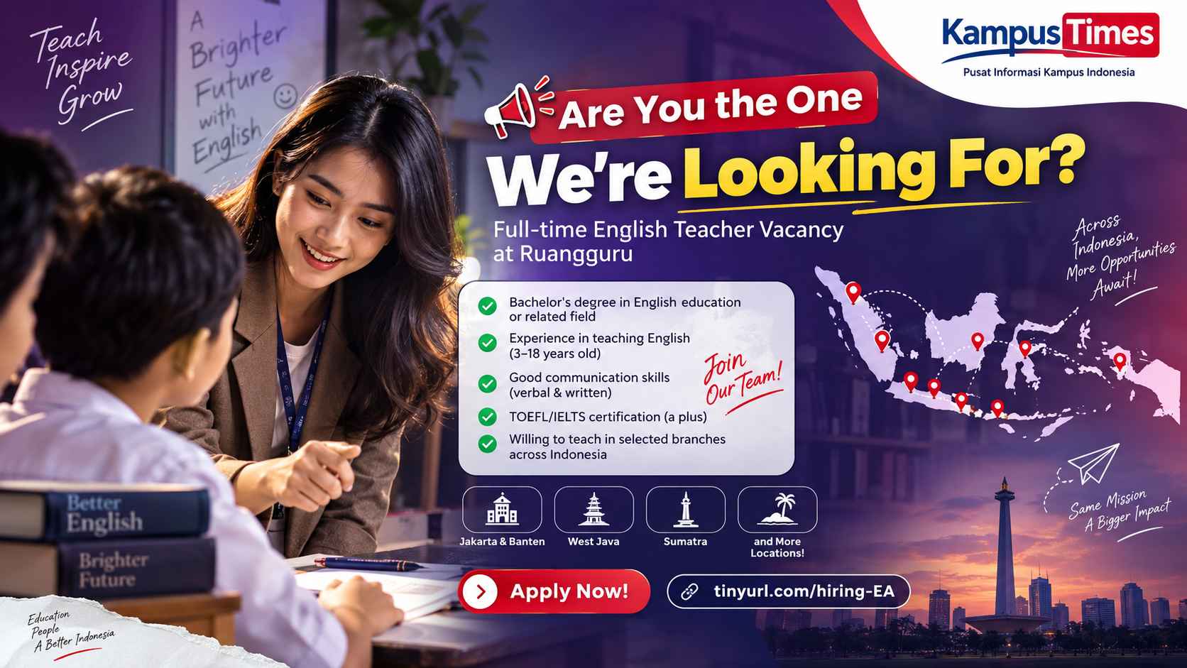 Lowongan Full-Time English Teacher Ruangguru, Dibuka di Banyak Kota