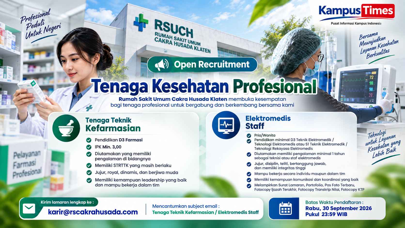 Lowongan Kerja RSU Cakra Husada Klaten, Buka Posisi Farmasi dan Elektromedis