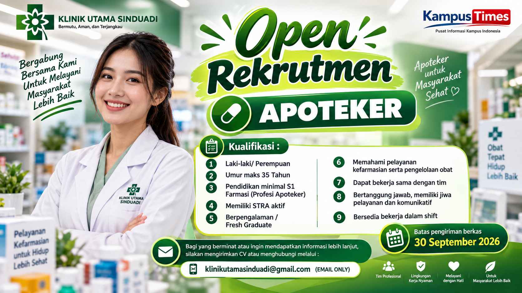 Lowongan Kerja Apoteker Klinik Utama Sinduadi Yogyakarta, Cek Syarat dan Cara Daftarnya