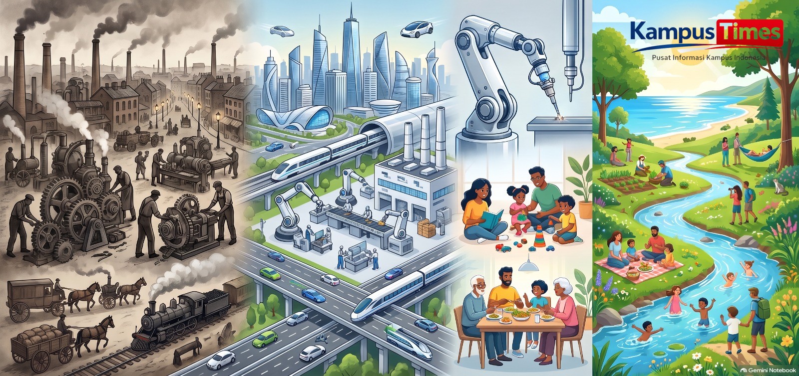Symbolisasi sejarah perburuhan dari era eksploitasi, modenisasi dg robot2, dan pendayagunaannya untuk kemaslahatan manusia