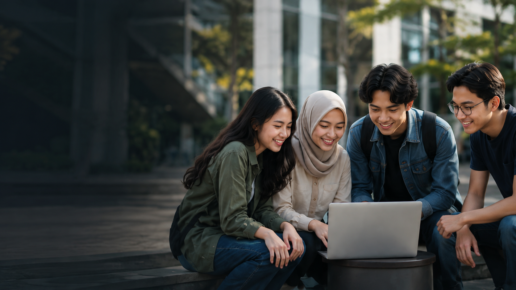 Mahasiswa berdiskusi bersama dengan laptop di lingkungan kampus